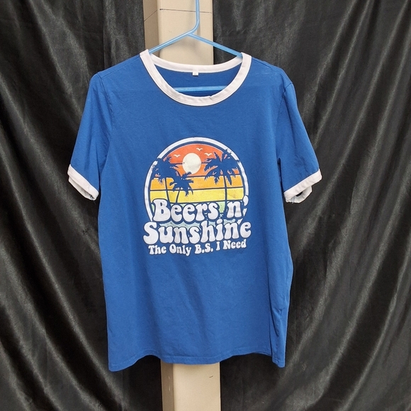 Vibrant Blue and White Short Sleeve Tee with Sunset Graphic - Picture 1 of 7